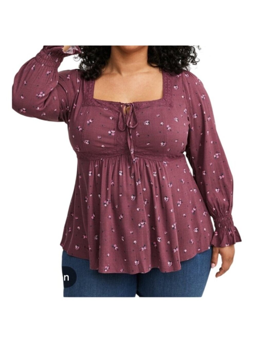 TORRID Babydoll floral print Rayon Slub Lace Trim Long Sleeve Top SIZE 1
